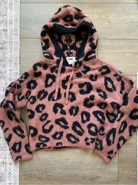 PINK Victoria's Secret Fuzzy Leopard Knit Hoodie - Rose & Black Small